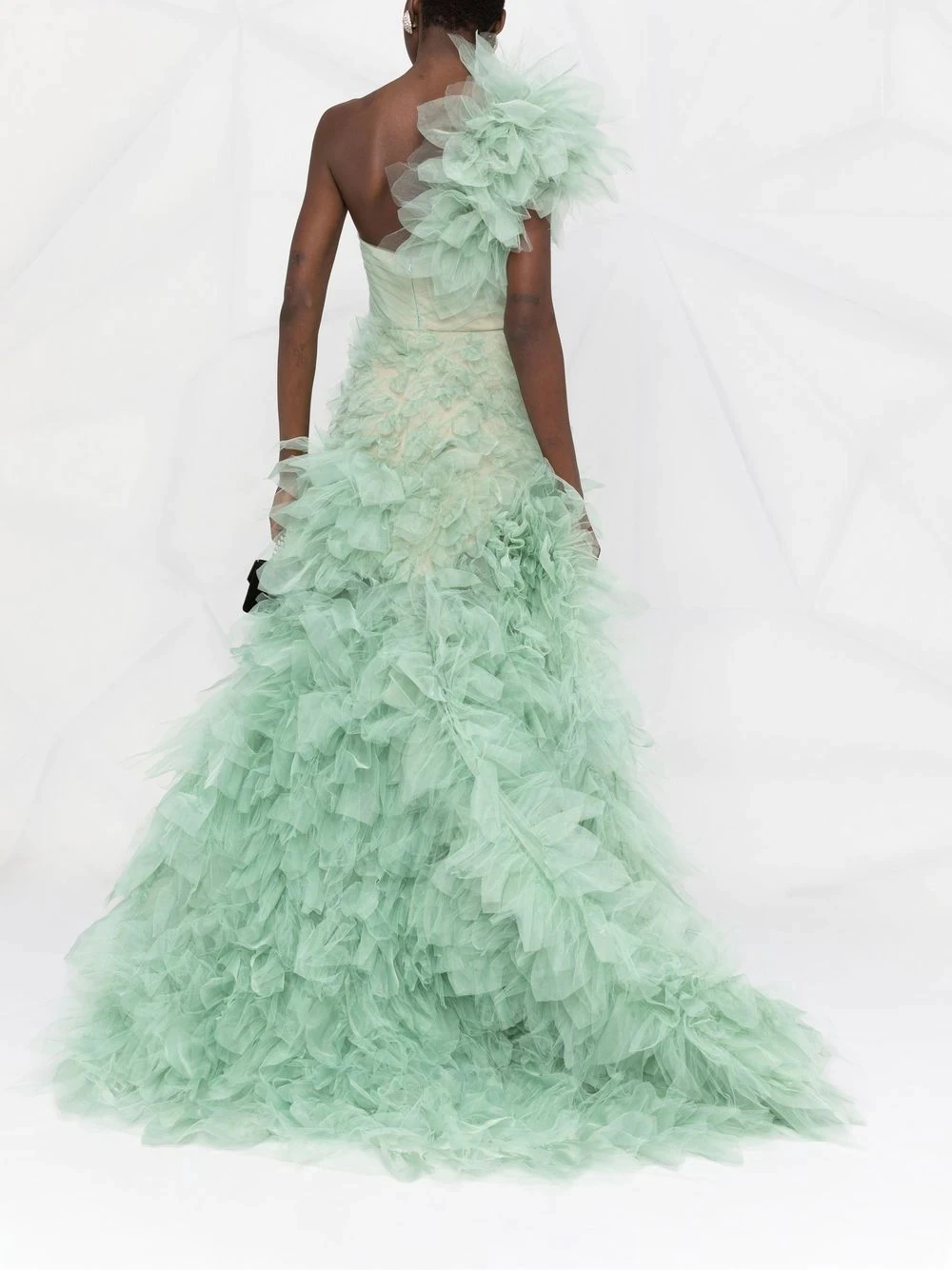 Charming Mint Green Fluffy Tulle Mermaid Prom Gowns One Shoulder Long Mesh Formal Party Dress Flower Tulle Bridal Gowns Robe