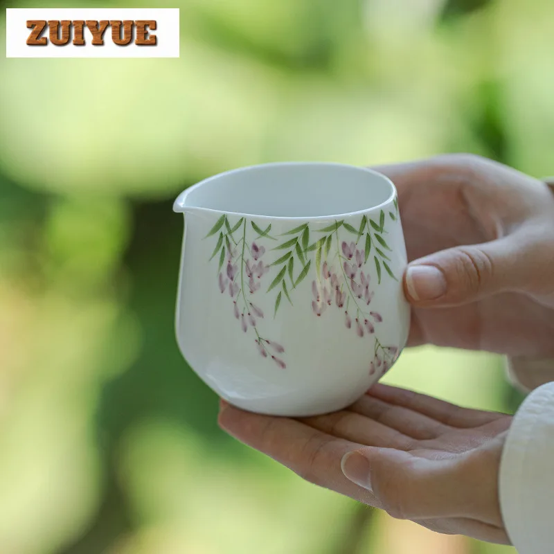 195ml Hand-painted Wisteria Flower Tea Pitcher Zen Thin Body White Porcelain Cha Hai Household Justice Cup Teaware Accessories