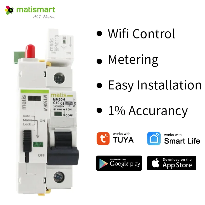 Matismart Tuya Wifi Smart Life Reclosing MCB with Energy Metering 1P 16A 25A 40A 63A