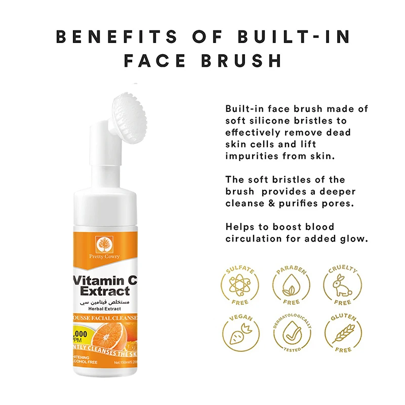 

Очищающее средство для мусса с витамином С | Глубокое очищение и осветление | Травяная формула подходит для всех типов кожи и питательных преимуществ. Формула