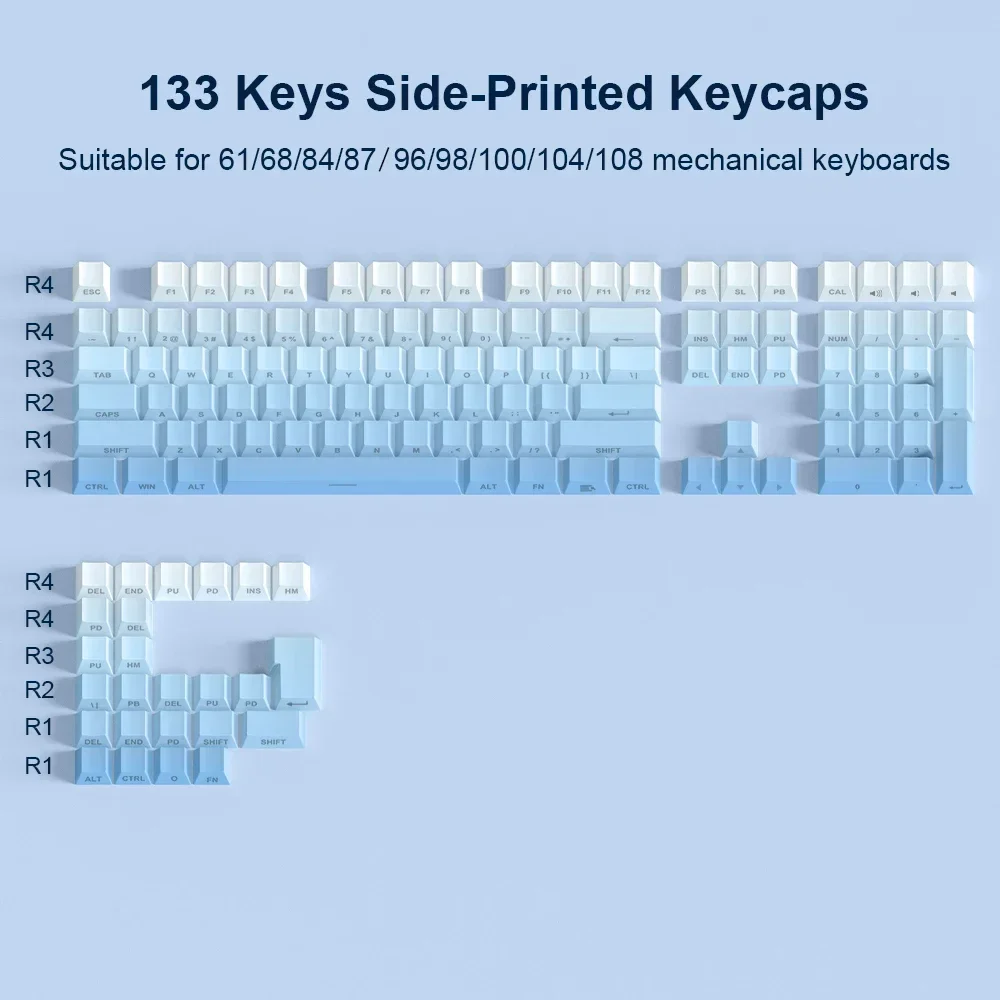 133-136 key cherry material PBT keycaps, side engraving sublimation process, gray gradient, add color to the mechanical keyboard