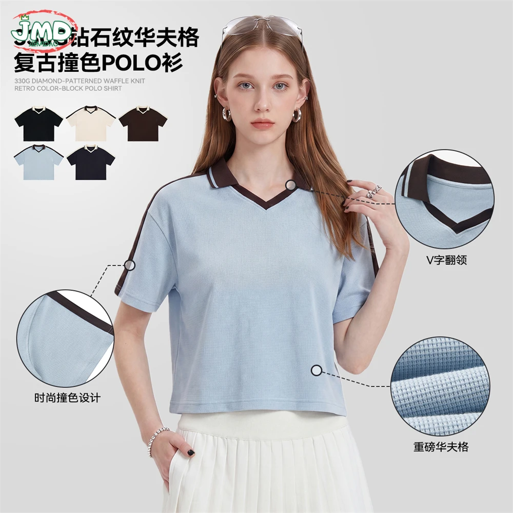 JMD Fashion Men Boxyfit Waffle V Neck Polo T Shirt Unisex Heavy Weight Turn Down Collar Sport T-Shirts Brand Tees QH0129