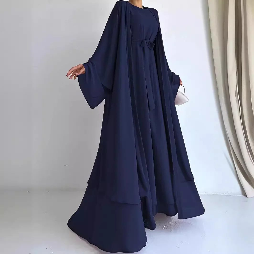 Chiffon Elegance Dress for Women Casual Loose Jacket Muslim Sets 2ps Dubai Abaya Loose Kaftan Muslim Dress Women Islam Clothing