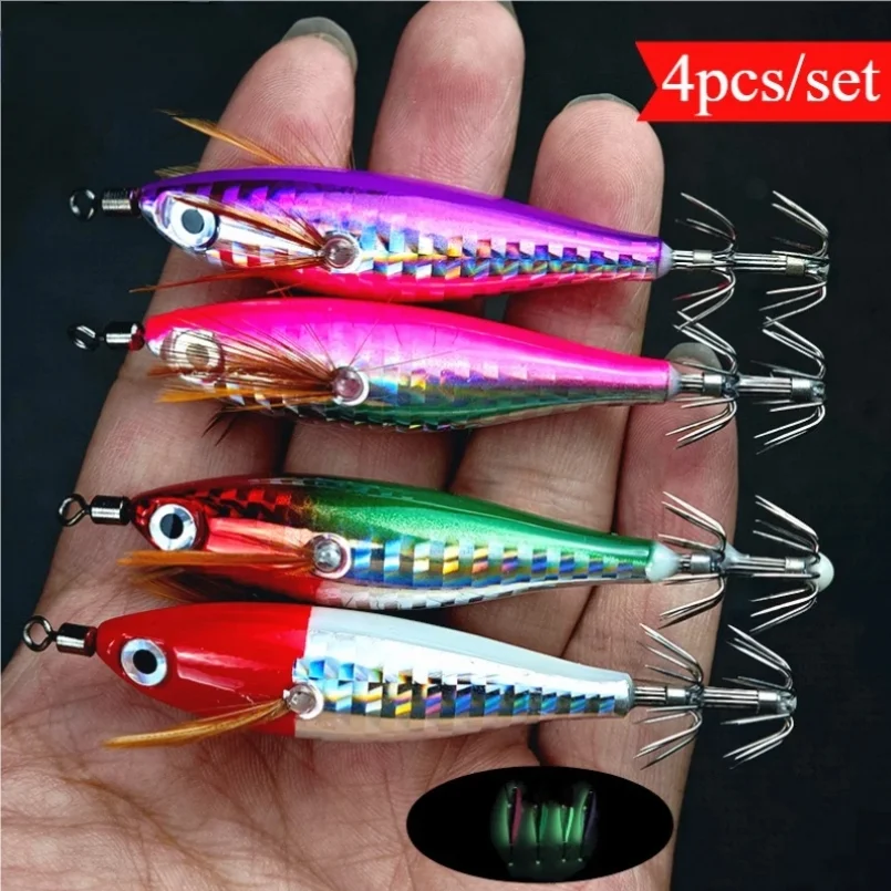 

Ackibbik 4pcs Luminous Horizontal Squid Jig Saltwater Squid Glow Jigs Horizontal Sea Shrimp Jig Lure Cutlassfish Fishing Octopus