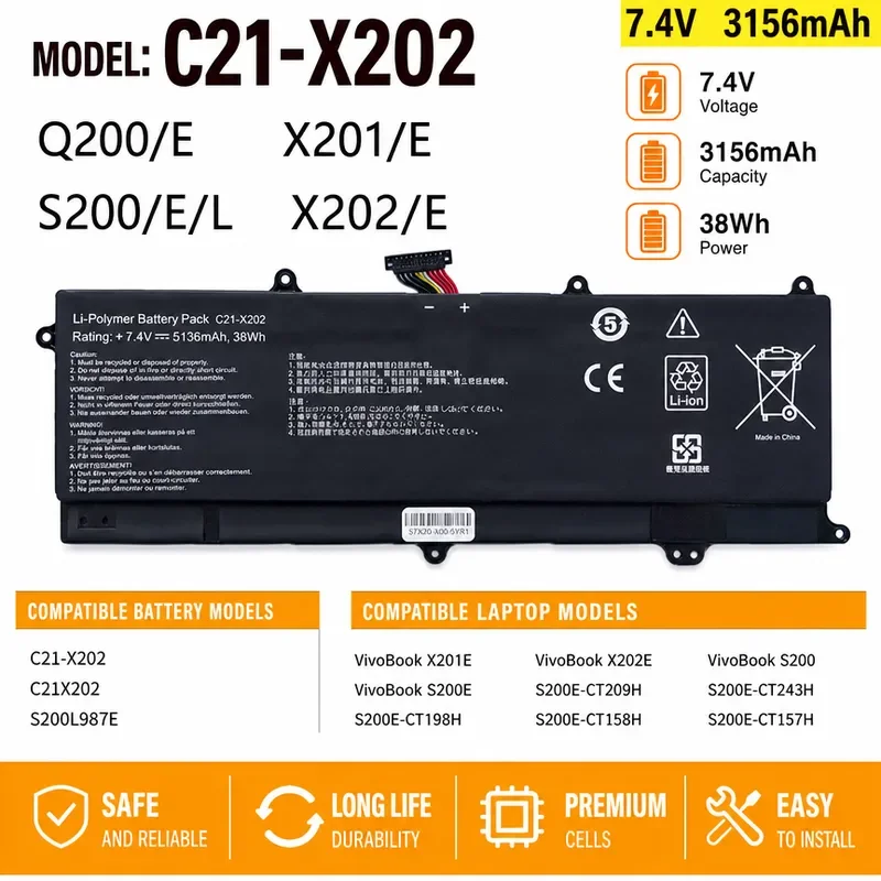 Suitable for ASUS S200E X202E X201E S200L C21-X202 notebook battery