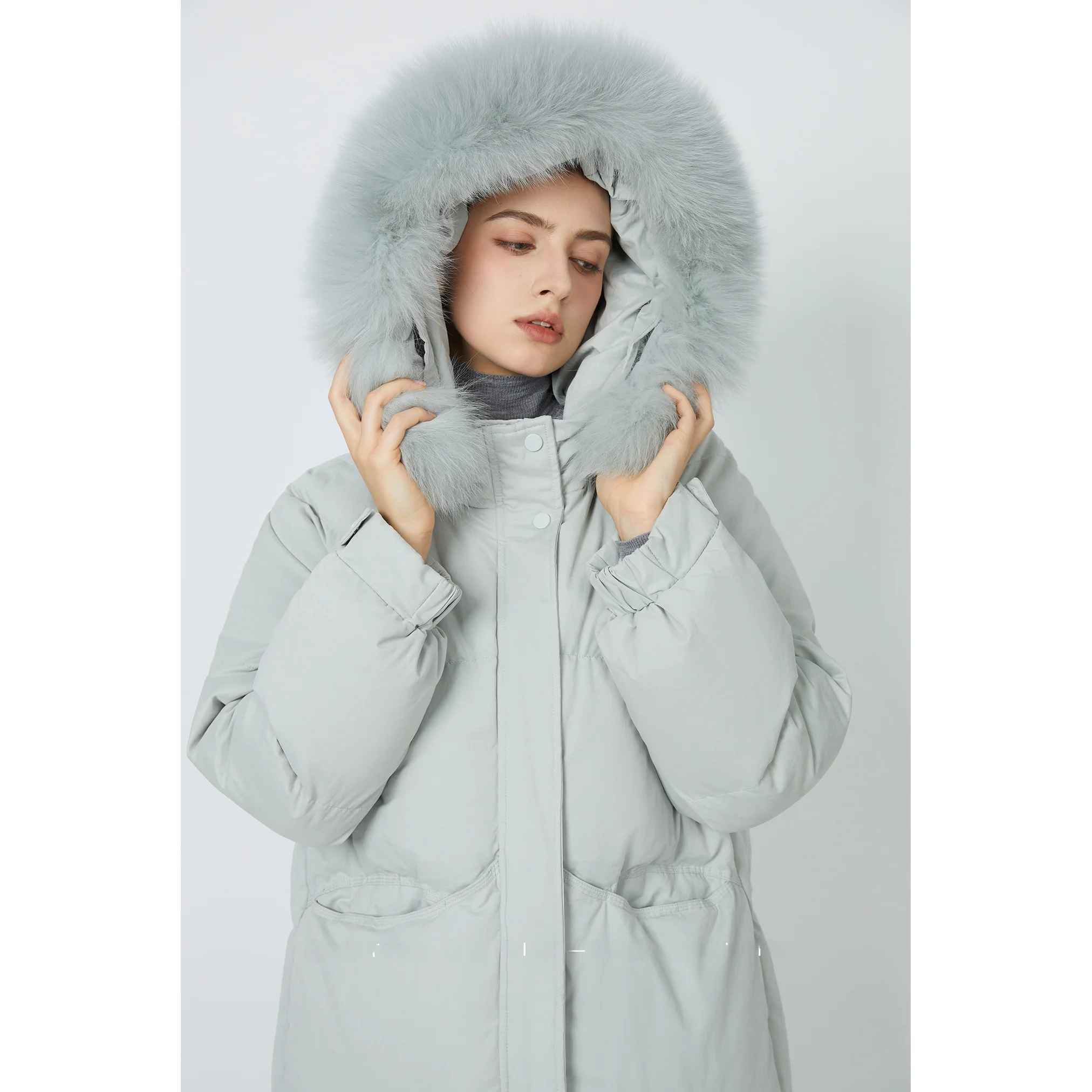 

Зимнее пальто Suotian Sweet Blue с длинным рукавом, капюшоном и воротником из натурального меха, утепленное белым утиным пухом, однотонное