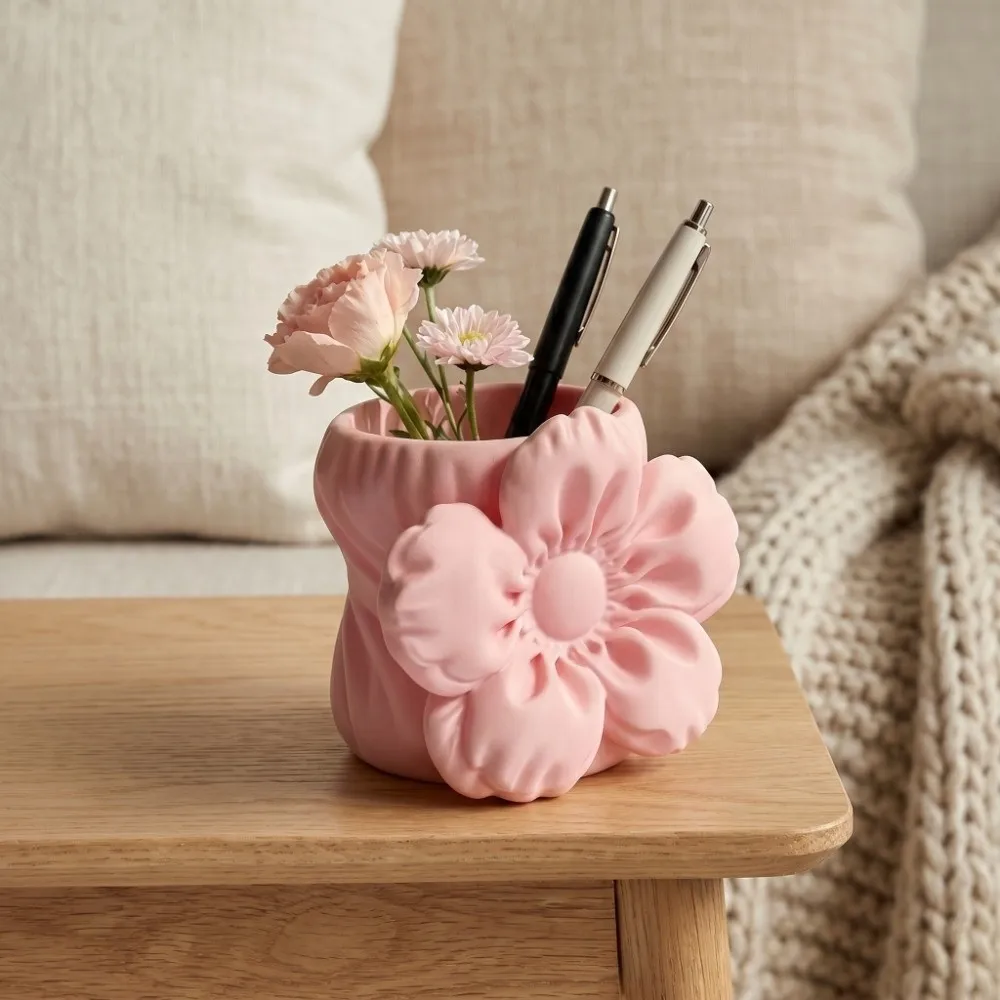 Desktop Organizer Puff Flower Pen Holder Makeup Brush Bin Pencil Rack Cherry Blossom Ornament Stationery Storage Stable