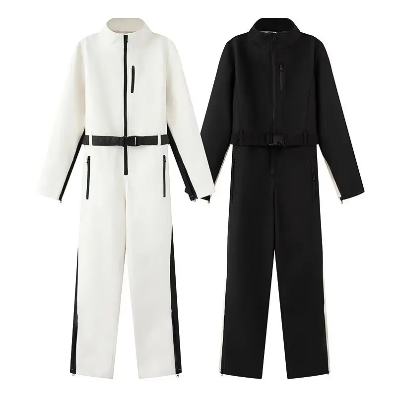 

Female Long Sleeve Waterproof Windproof Patchwork Skiing Jumpsuits Winter Women Fashion Skateboard One Piece Fleece Ski Bodysuit