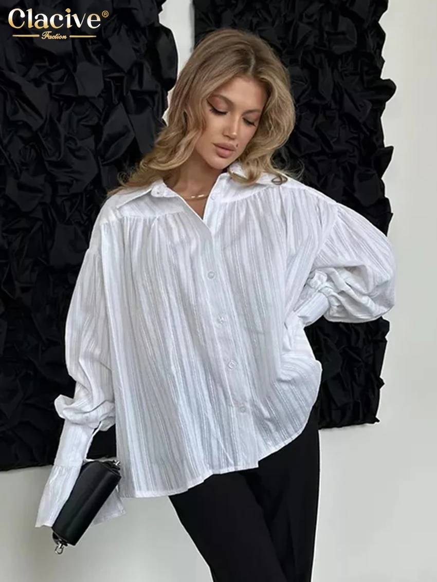 Clacive Casual Loose White Cotton Women's Blouse 2025 Fashion Lapel Long Sleeve Shirts Elegant Classic Solid Top Female Clothing