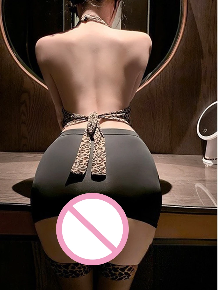 Secretary sexy porno lingerie two-way Flirting sex suit expose chest BDSM leopard print uniform Black stocking accessories sissy