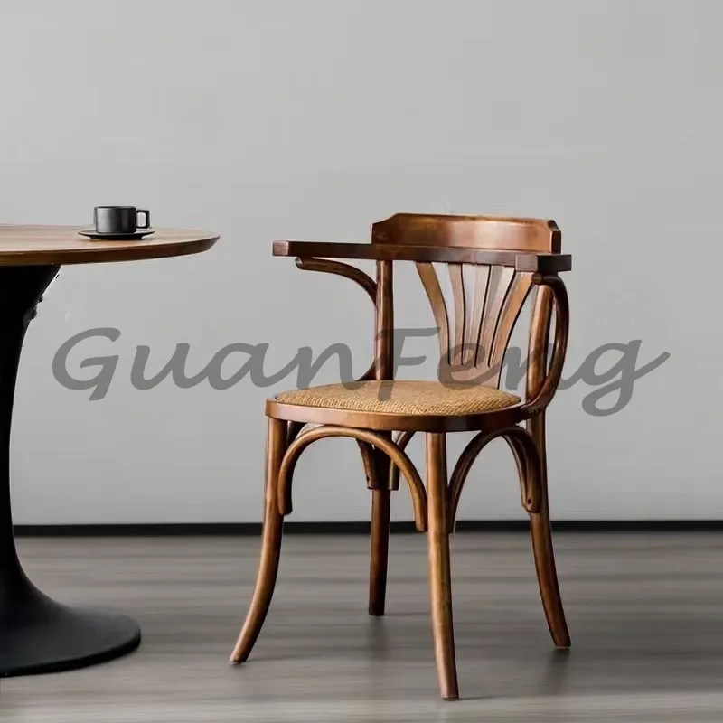 Nordic Solid Wood Home Chair, Retro Rattan Writing Stool, Minimalist Backrest Dining Seat, Luxury Cafe Accent Lounge Bench