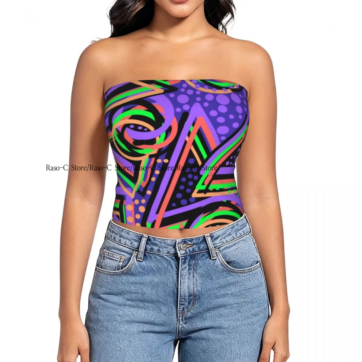 Women strapless blouses sleeveless Abstract Geometric Triangles Memphis Style halter-neck sexy short-sleeved blouses
