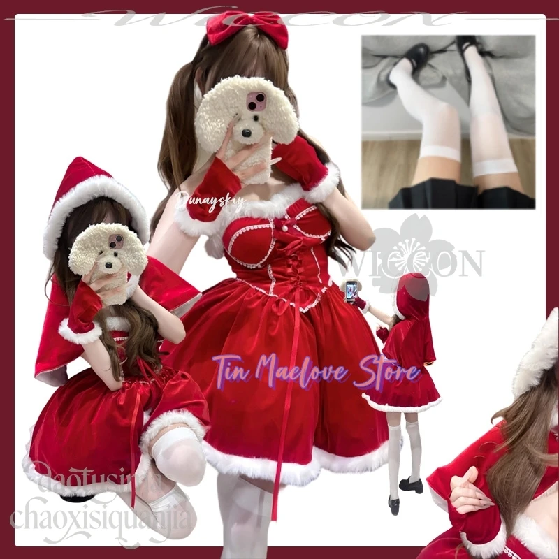 

Anime Cosplay Maid Sweet Lolita Bow Christmas Event Red Velvet Strapless Dress Party 코스프레 Original Design Cute Jirai Kei Girls