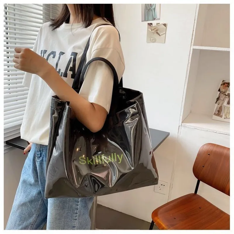 Women Canvas Shoulder Bag Ins Transparent PVC Skillfully Printing Large Capacity Reusable Tote Waterproof Shopping Bag For Girls