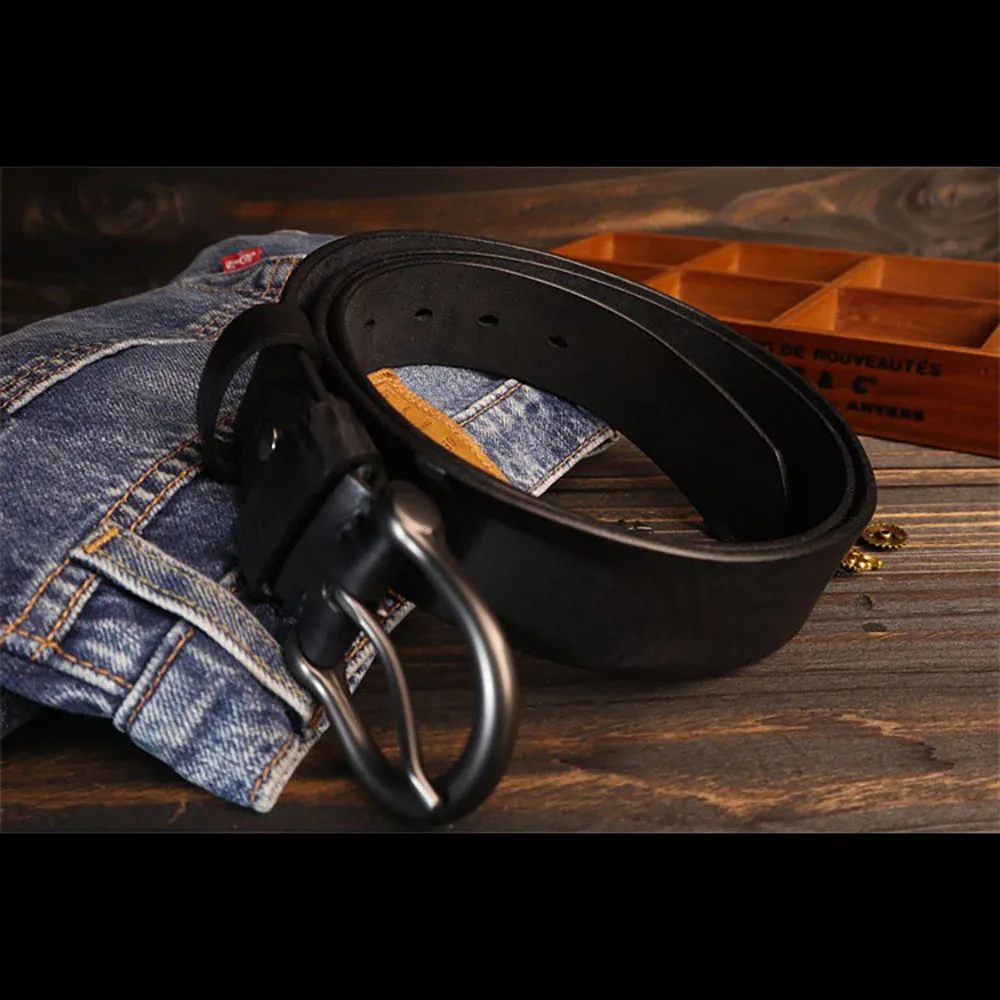 Black Handmade Stitching Belt Men's Genuine Leather Belt with Half Round Buckle Hand Crafted Sewing Thread Cowhide Belt