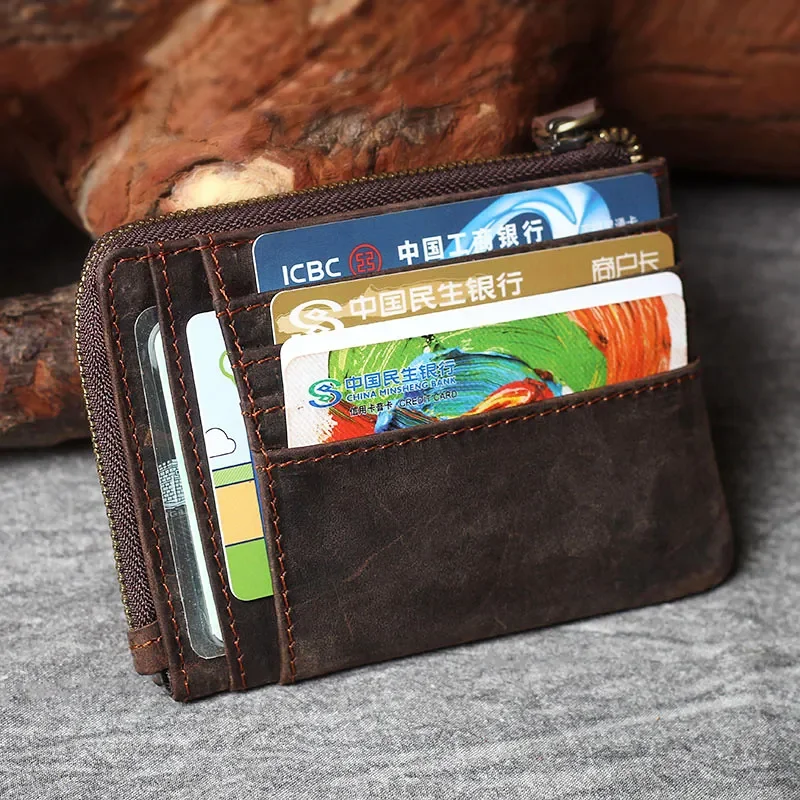 Handmade Vintage Crazy Horse Leather Mens Designer Wallet Slim Zipper Coin Bag ID VIP Credit Card Holder Small Simple Pouches