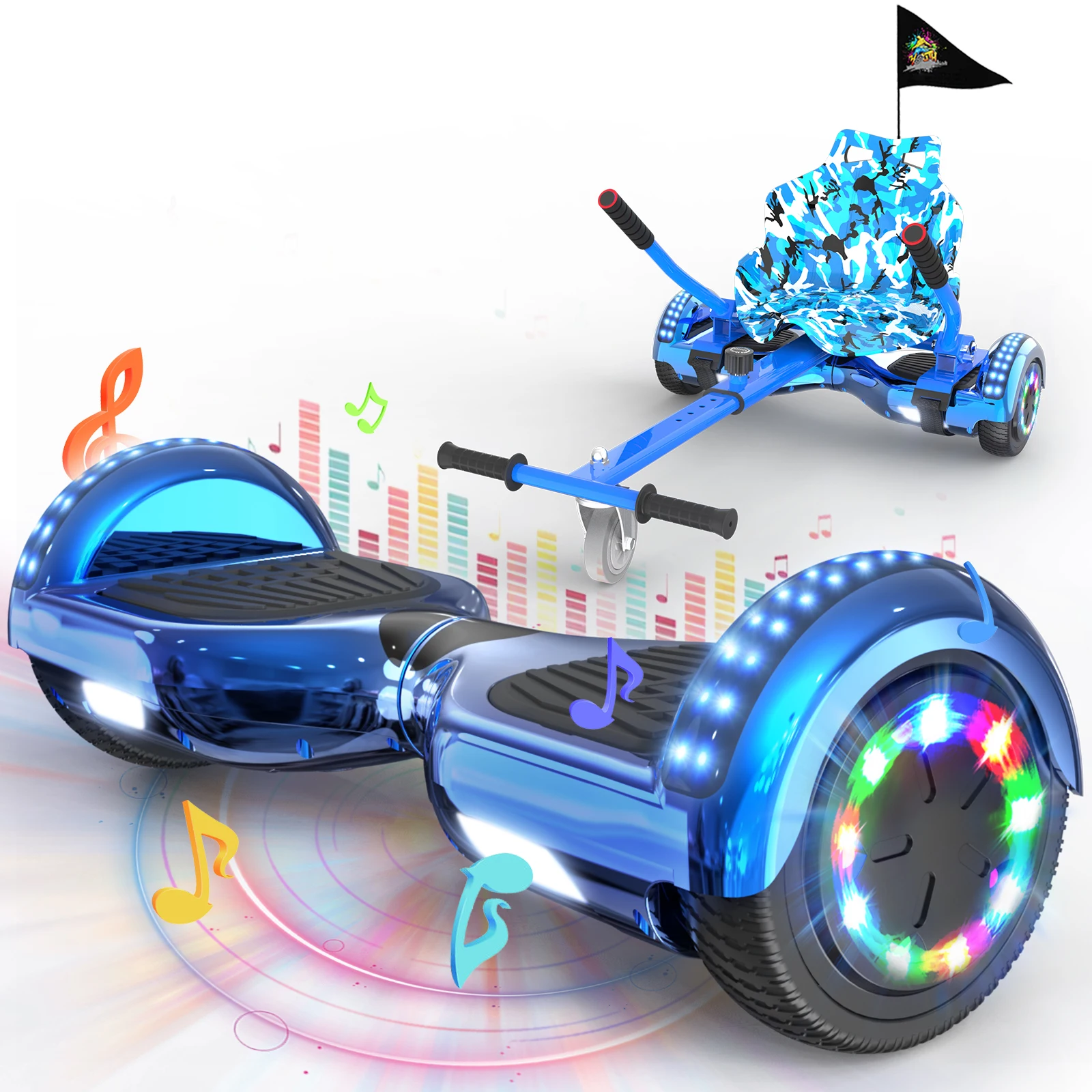 RCB Hoverboard 6,5 Pulgadas con Hoverkart, Neumáticos antideslizantes LED, Seguridad integrada, Hoverboard eléctrico para niños y adultos, ideal para ocio y paseos al aire libre