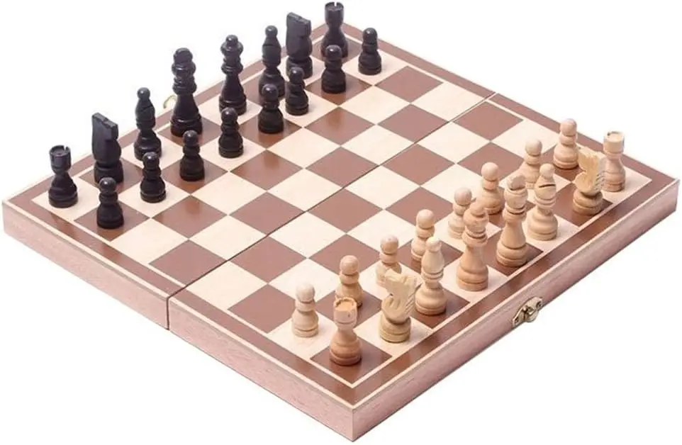 

15' Classic Vintage Standard Folding Wooden Chess Set, Foldable Games Board Crafted Carved