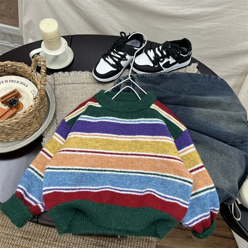 

2025 New Children's Autumn Round Neck Pullover Rainbow Striped Knitted Thick Sweater