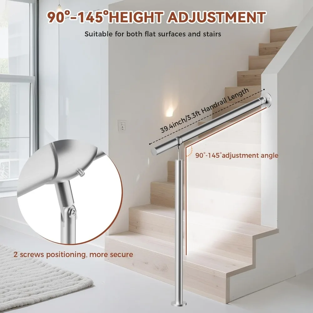 طقم درابزين خارجي من الفولاذ المقاوم للصدأ لخطوات 2-3 خطوات، 39.4 بوصة/100 سم، حاجز دعم انتقالي للخطوات #2