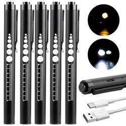 1-5 Pack Medical Penlight Emergency Flashlight Rechargeable 2 In 1 LED Pen lights Diagnosis Flashlights with Pupil Gauge