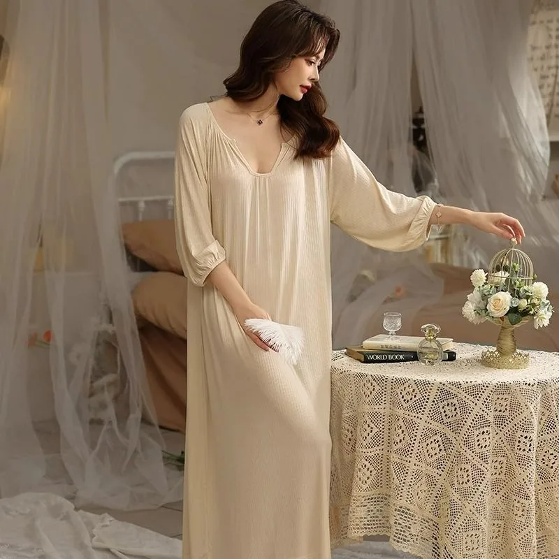 Ice Silk Nightdress Women Spring Autumn Deep V Long Sleeve Large Size 300 Pounds Sexy Long French Pajamas Pure Desire Home Wear