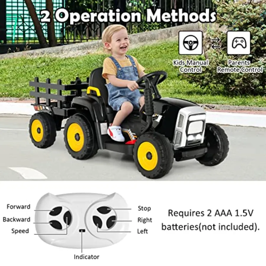 Ride On Tractor with Trailer 12V Electric Vehicle for 3-Gear-Shift Ground Loader LED Lights Horn Music Battery Powered Ride On