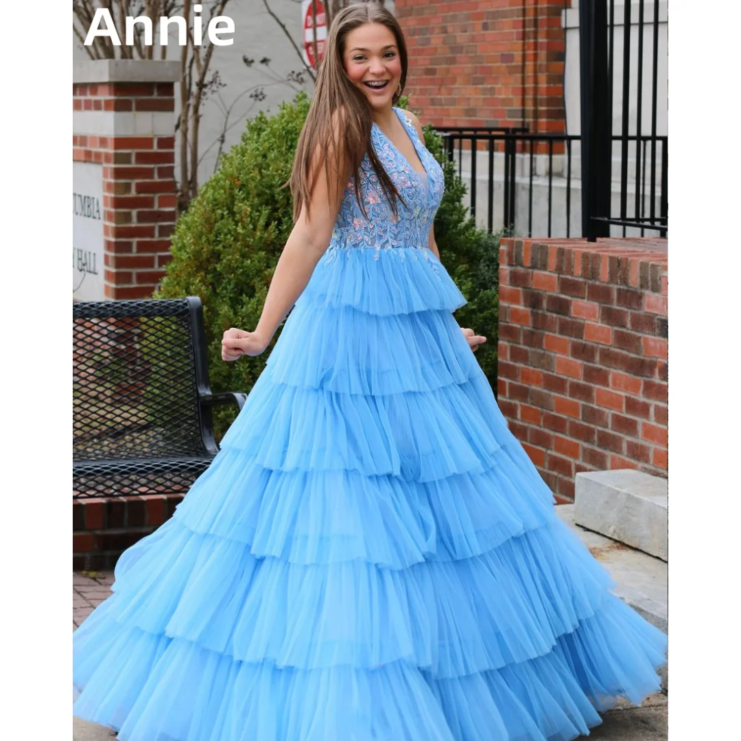 

Annie Blue Embroidered Appliqué Prom Dresses Tulle Layered Princess Evening Dresses Formal Occasion Wedding Party Dresses