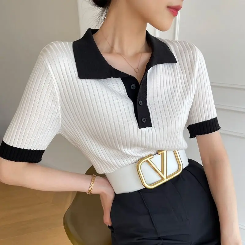 Polo Neck Knit Sweater Women Short Sleeve T-shirt High-end Slim Korean Chic High-end Tops Patchwork Women Clothing Thin Pullover