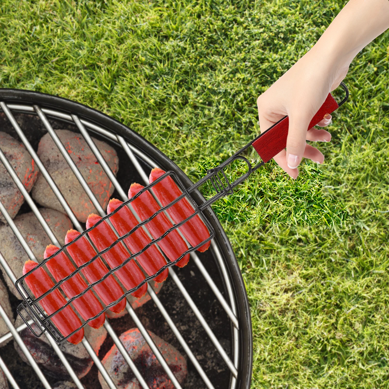 

Grilling Baskets BBQ Tool Hot Dog Sausage Holder Outdoor Barbeque Accessories Mesh Grill Basket Easy Clean Antislip H