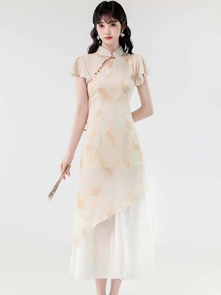 

2025 New Print Patchwork Ruffled Long Dress Summer Short Sleeve Stand Collar Cheongsam Dress Women Korean Elegant Evening Dress