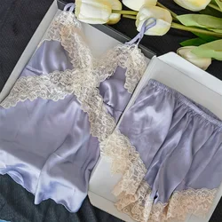 Summer Women Suspender 2Pcs Pajamas Set Sexy Patchwork Lace Chemise Sleepwear Intimate Lingerie Loose Silk Satin Home Clothes