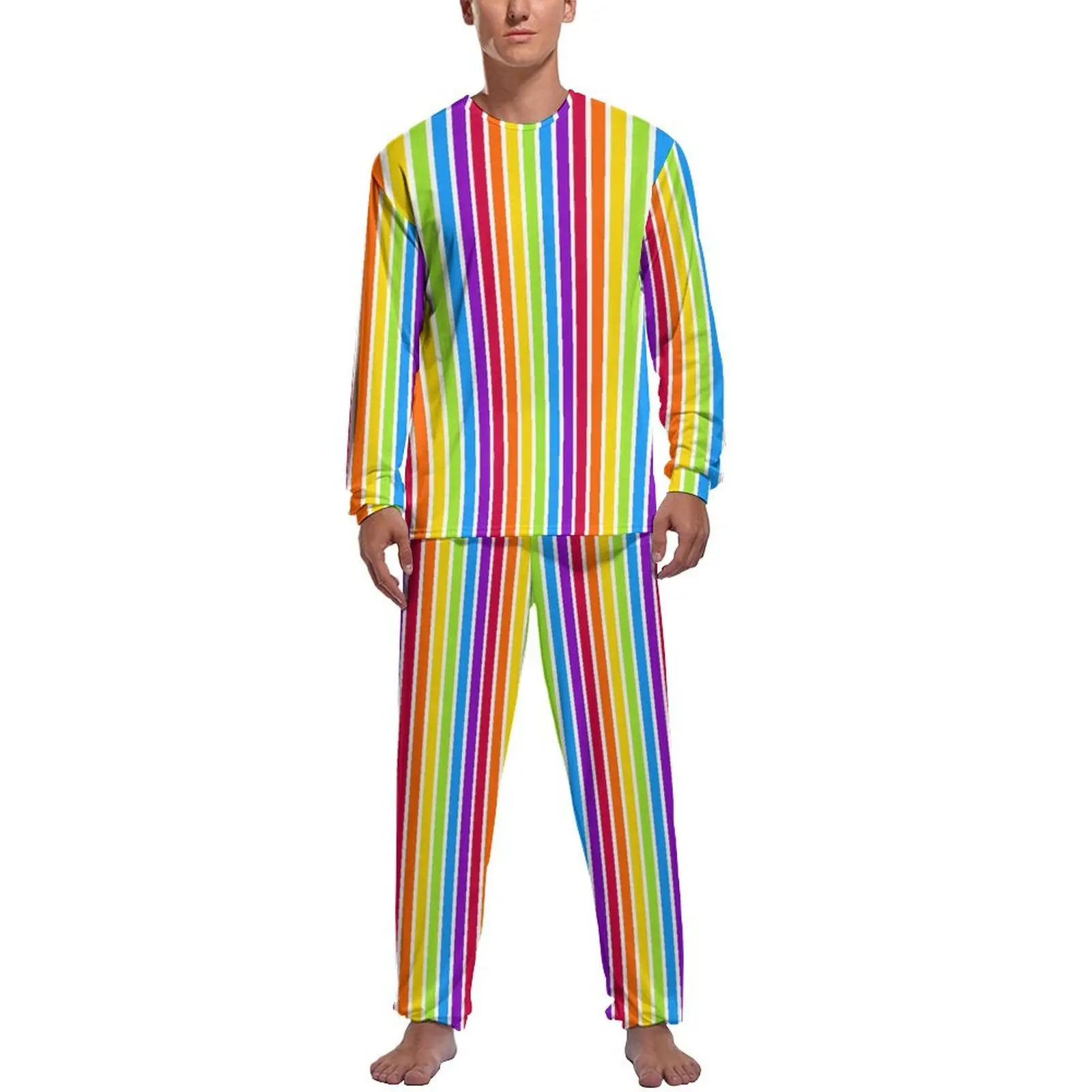 Rainbow Stripes Pajamas Autumn Bright Colorful Leisure Sleepwear Men 2 Piece Graphic Long Sleeves Retro Pajama Sets