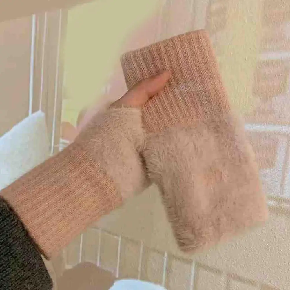 Half-finger Plush Winter Gloves Touch Screen Cold-proof  Warm Fingerless Knitted Wrist Guard Student Office Writing Work Outdoor