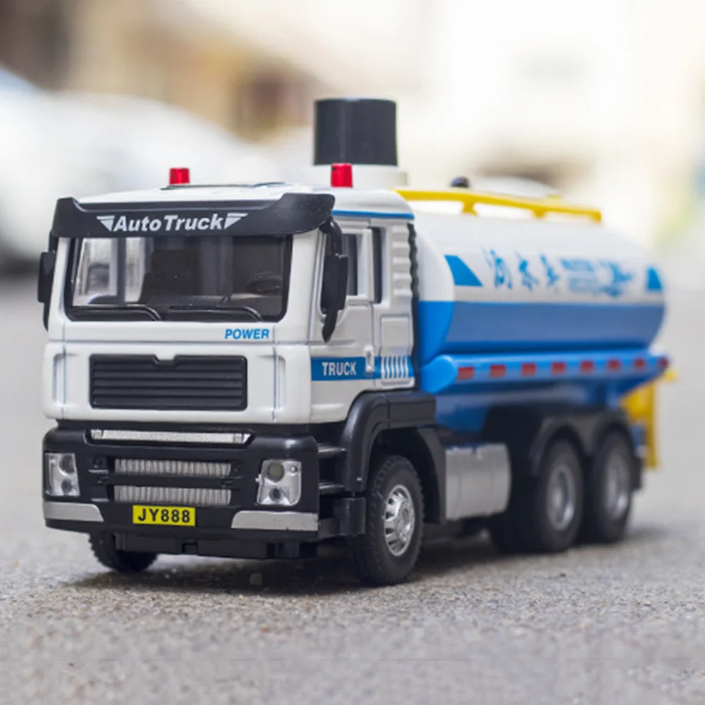 1/50 Sanitation Truck Model Car Toy Alloy Diecast Sprinkler Truck Rubber Tires Sound Light Pull Back Toys Festival Gift for Kids