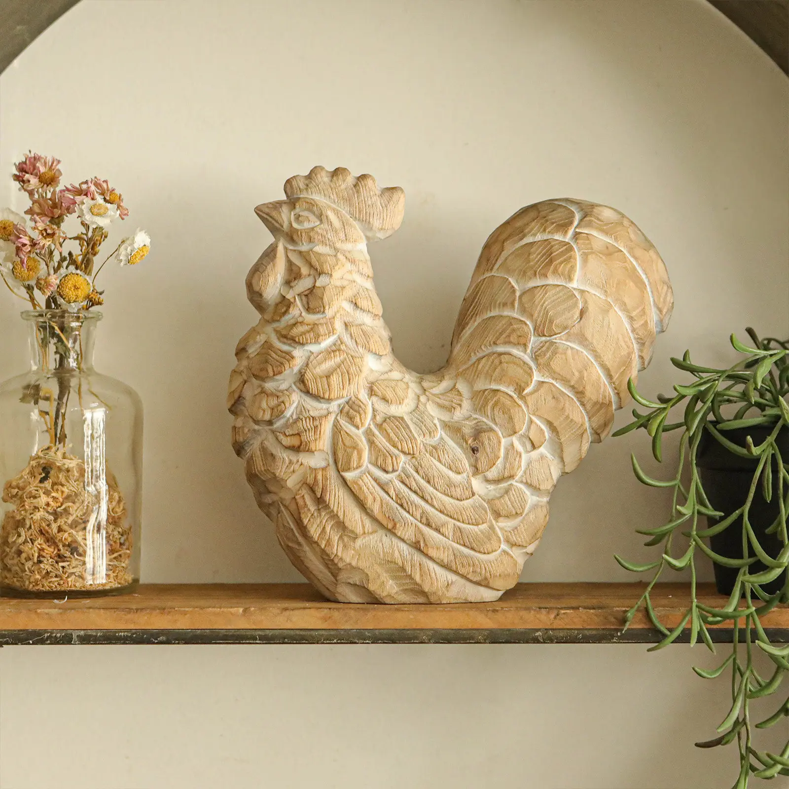 Chicken Statue Home Decor Wood Hand-carved Decorative Ornament Rooster Ornaments for Home, Entryways，Homewarming Gifts