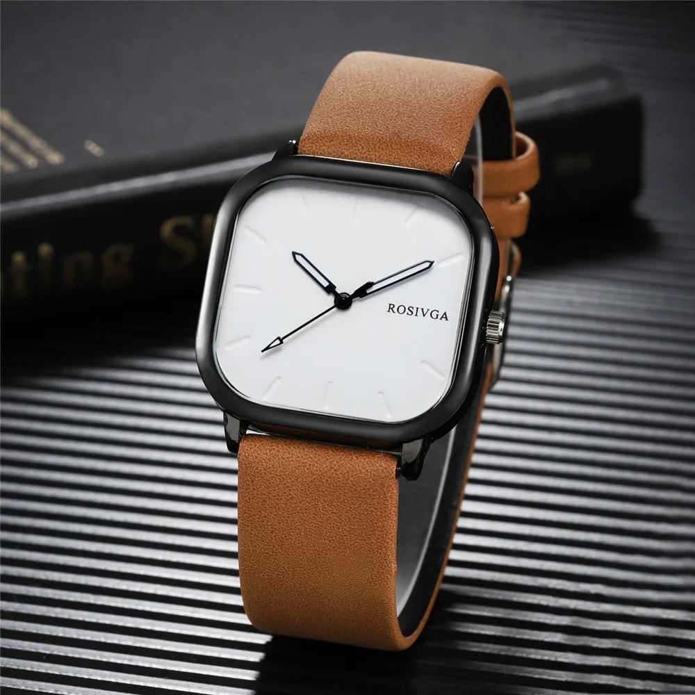 simple square dial PU leather quartz men business watch