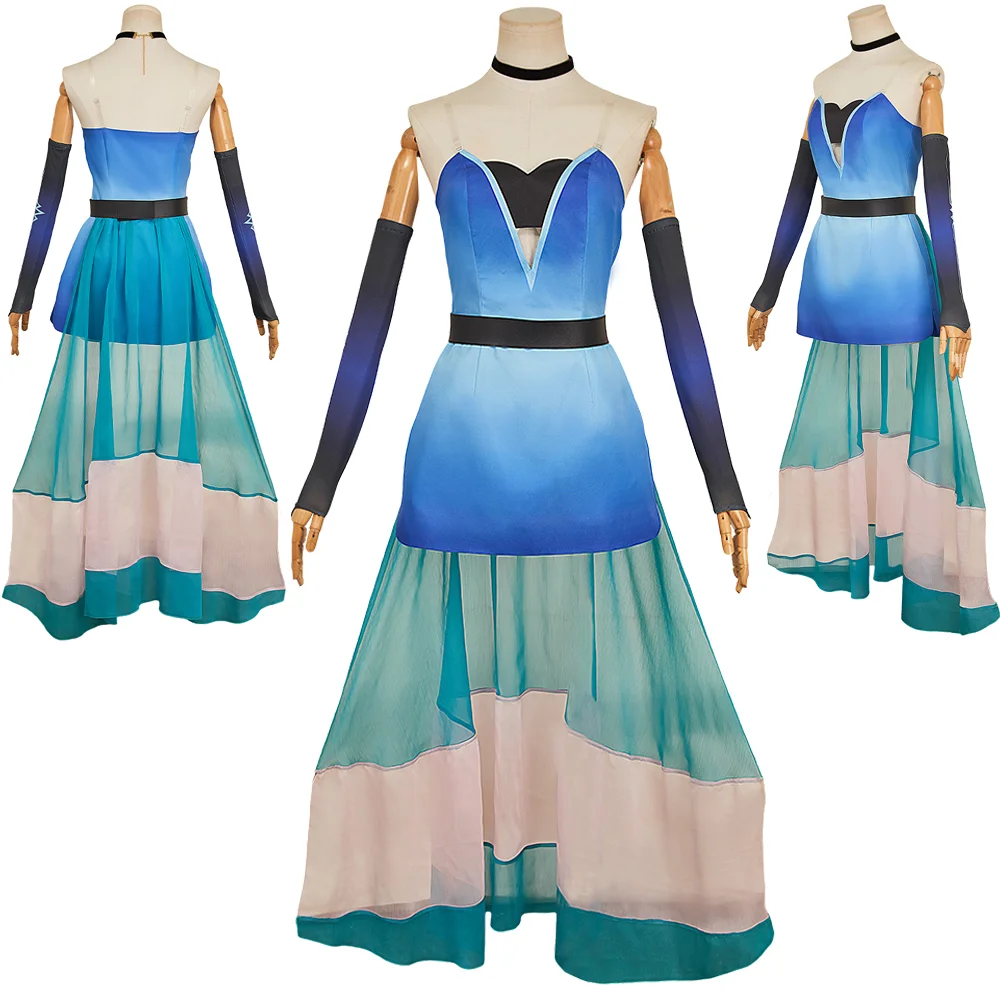 

Hazzbin Hotel Angel Косплей Пыльный костюм без рукавов градиентное синее платье платье длинные перчатки наряд для женщин и девочек маскировка на Хэллоуин