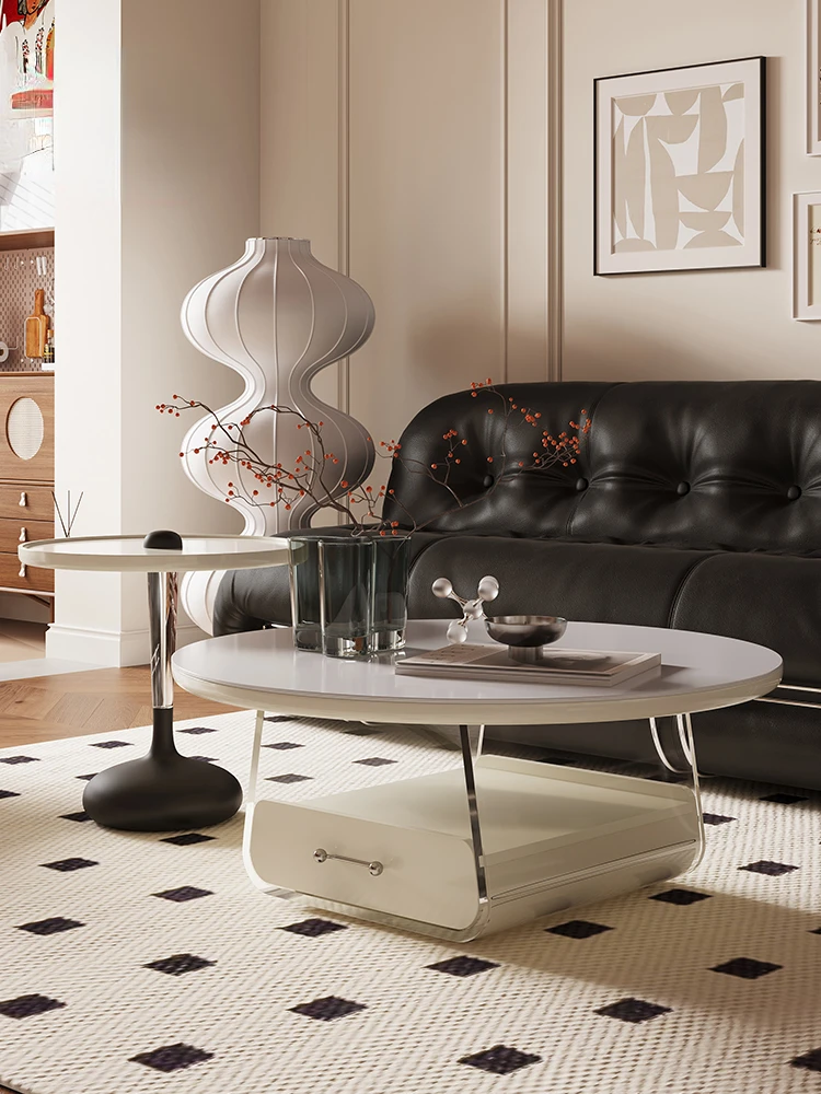 

zq French Cream Style Retro round Coffee Table Household Stone Plate Small Apartment Acrylic Combination