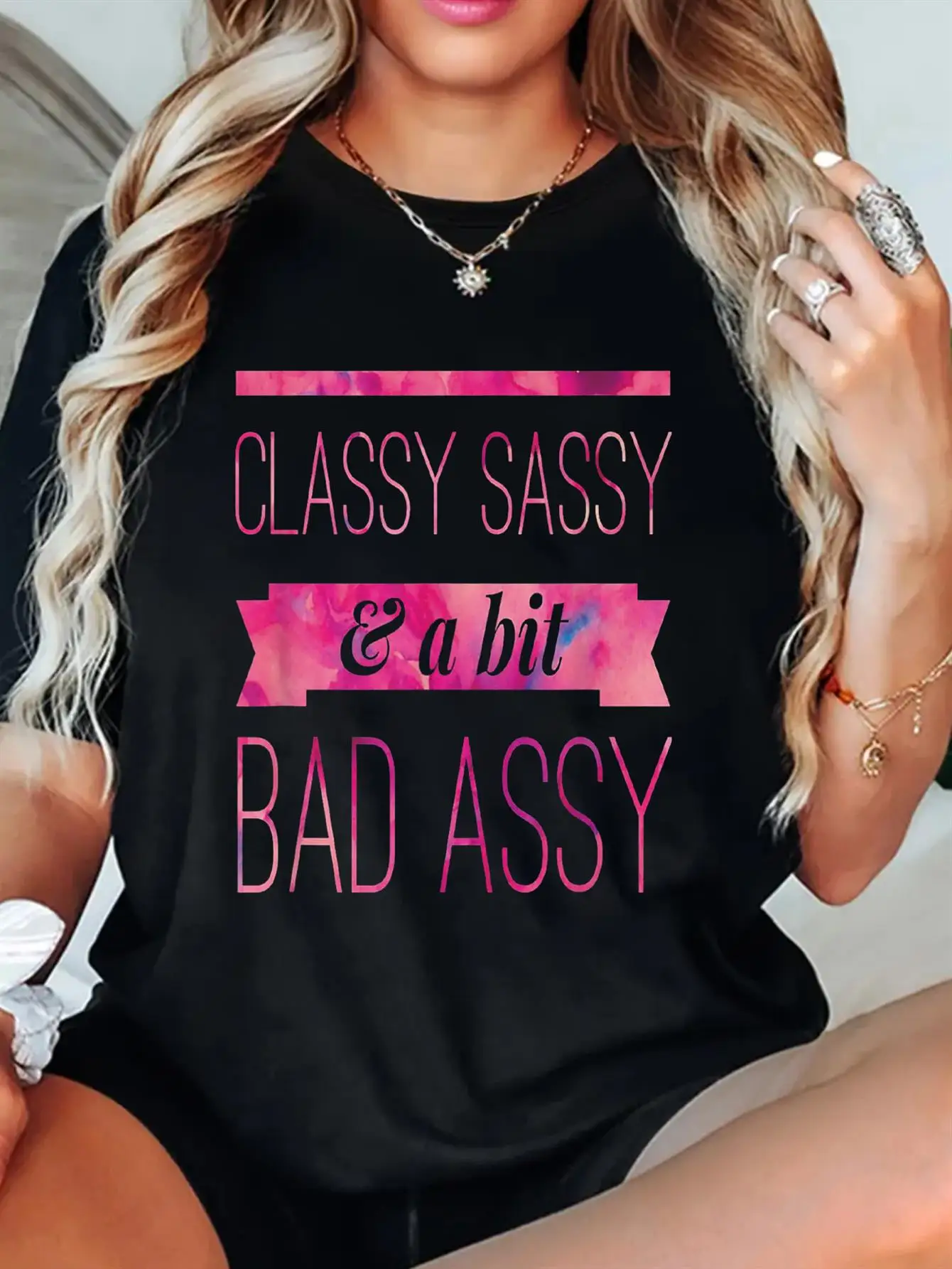 Classy Sassy & A Bit Bad Assy Women's Tee - Bold Pink Graphic, Casual Black Top