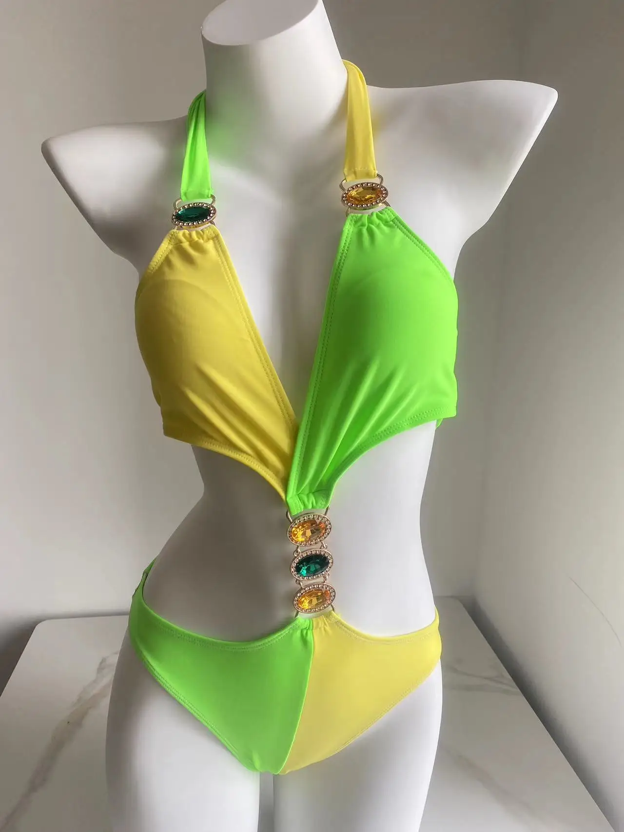 Luxury Rhinestone Bikini One Piece Swimsuit Women 2024 Festival Beach Party Colorblock Hollow Women's Fashion Diamond Swimsuits