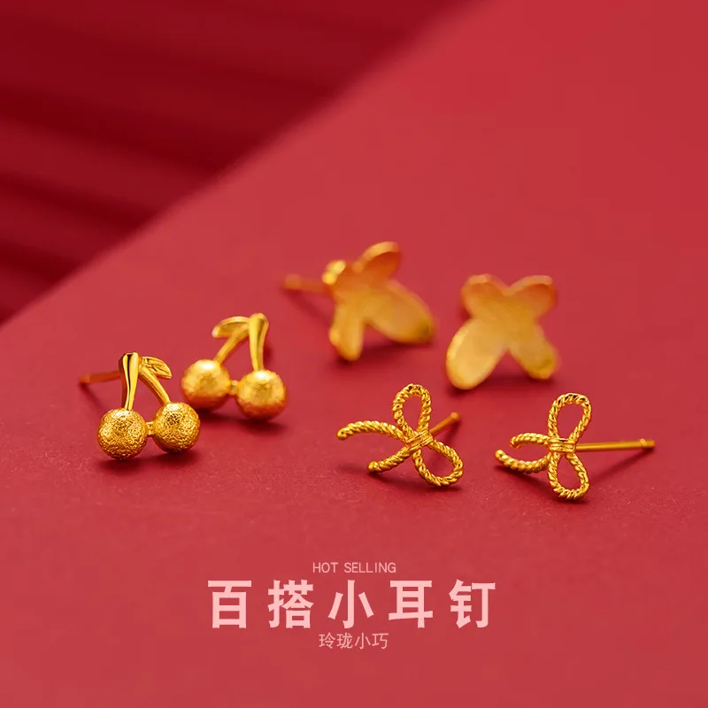 

Female 9999 24K real gold fresh and cute style pure versatile earrings sweet cherry bow earrings for women girl wife stud