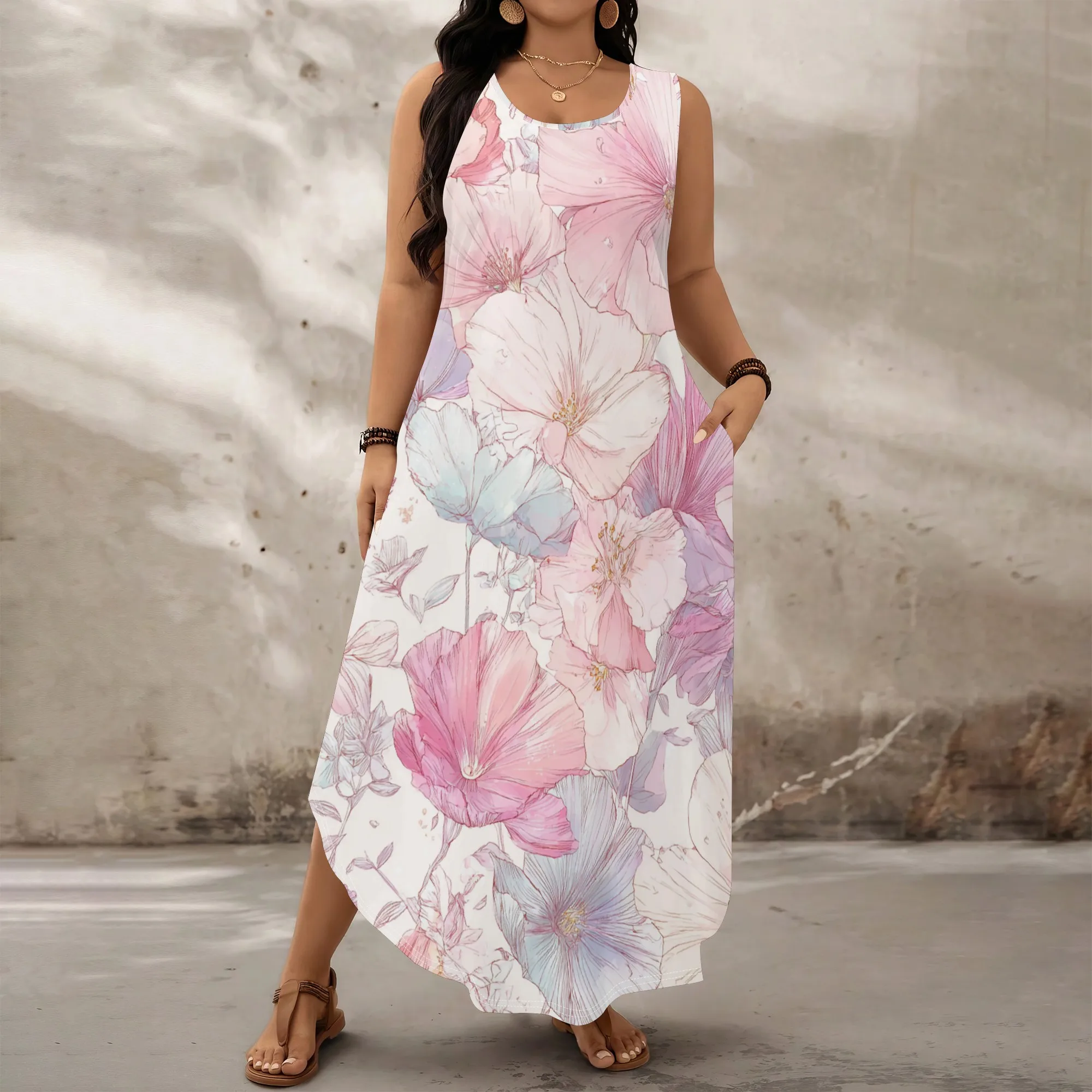 

Plus Size Maxi Dress for Women Watercolor Floral Print Sleeveless Tank Dress with Pockets XL-6XL