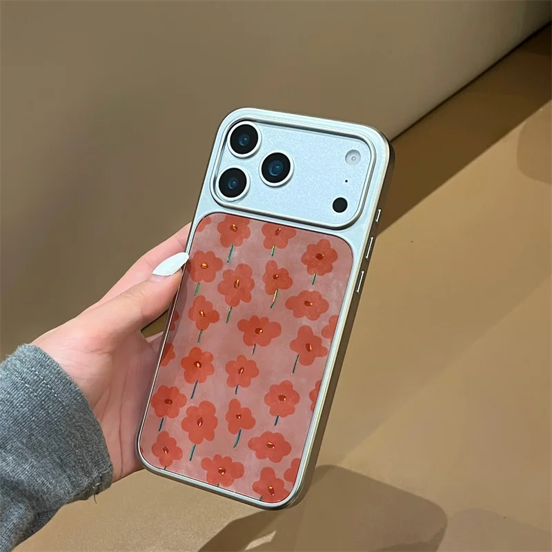

Korea Pop Winter Retro Style Floral silver border Phone Case For iphone 17promax 16 15 14 Pro Max Cute Ppattern laser flower