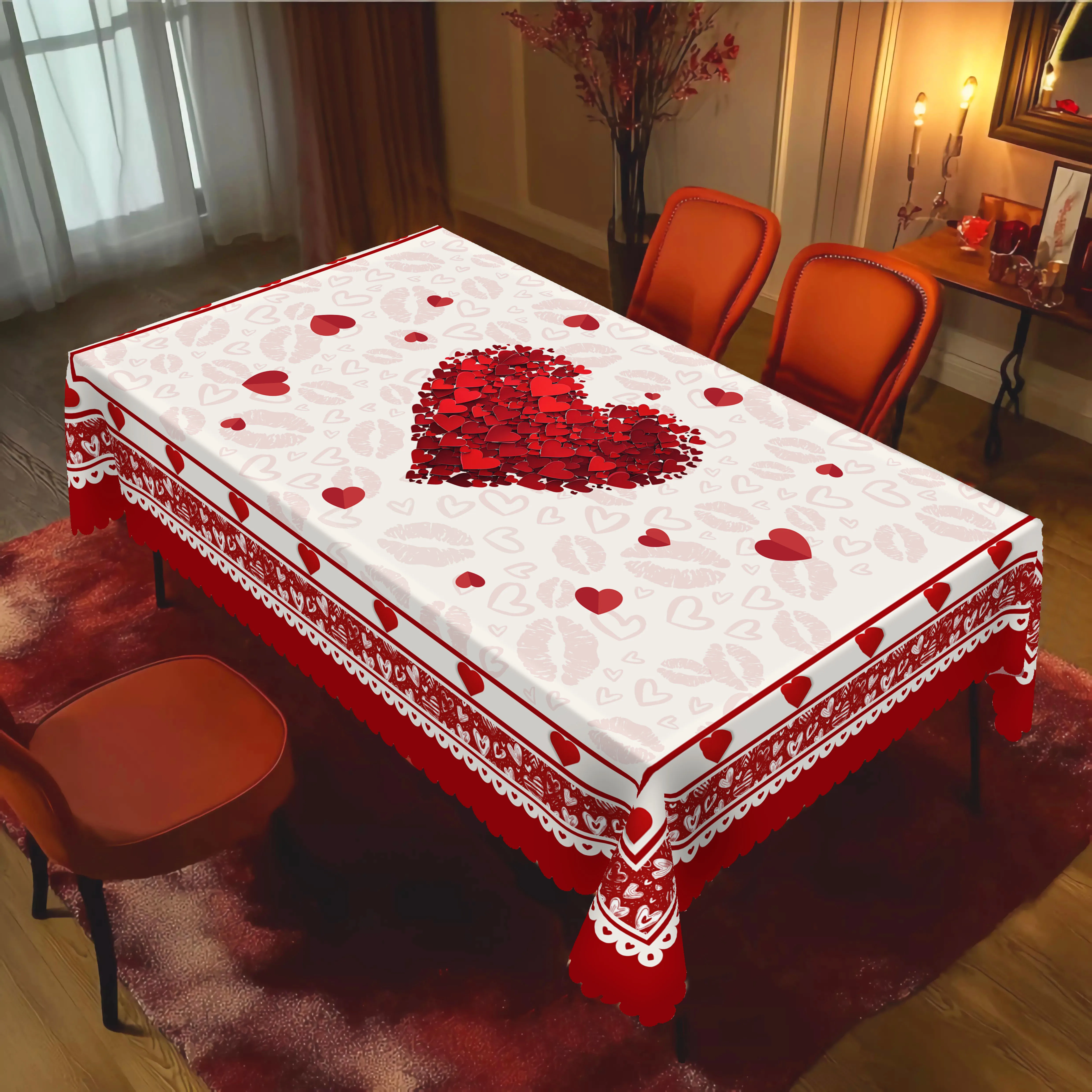 1 Piece of Romantic Valentine\'s Day Square Tablecloth, 5 Sizes Available, Spring Heart-Shaped Pattern Round Tablecloth, Edge Embossing Process,