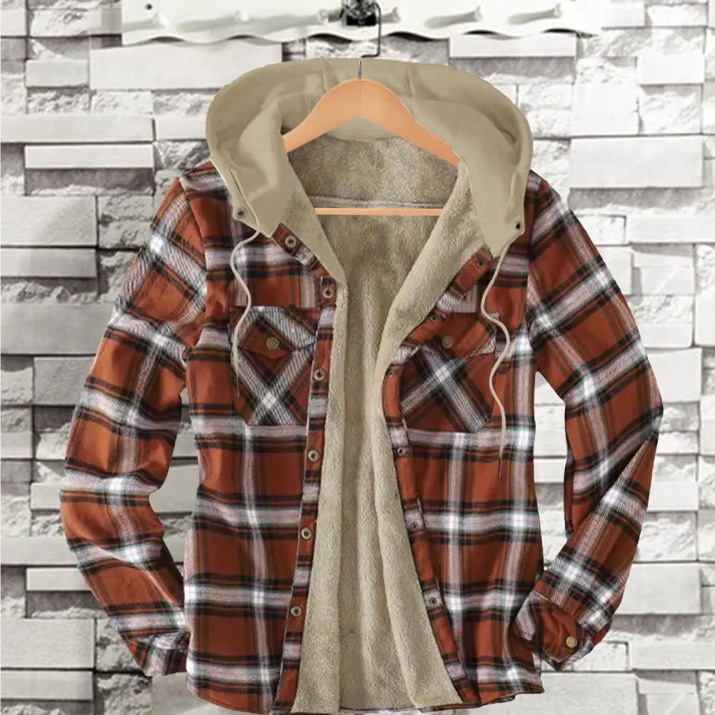 Zip-up Men Coat Plaid Print Hooded Sporty Coat with Plush Lining Buttons Closure for Men Men Printed Jacket