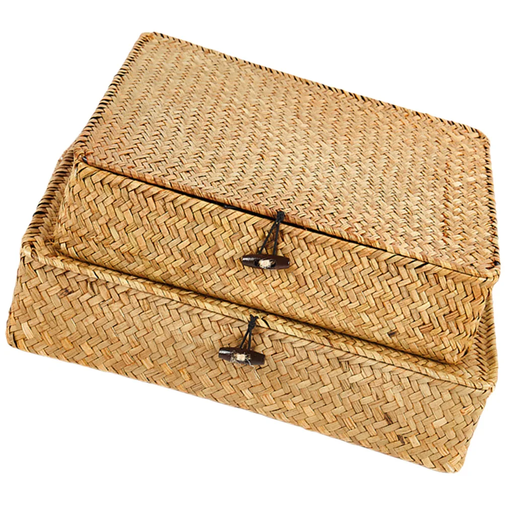 

2 Pcs Woven Storage Box Basket Hard Sturdy Use Simple Lid Design Hide Clutter Neat Areas Stable Material Convenient Easy