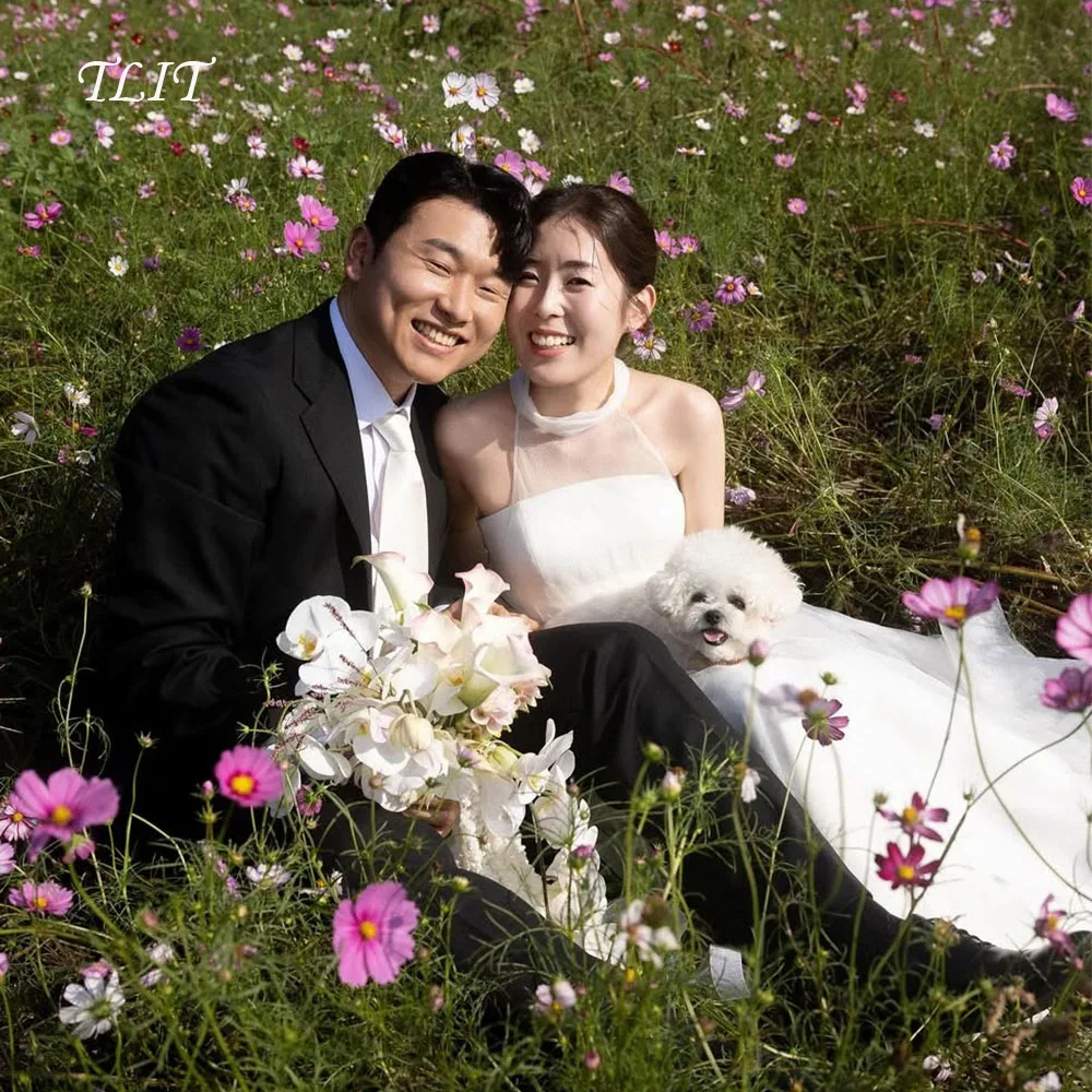 TLIT Simple White Silk Satin Tulle Straight Wedding Dresses Customized Halter Bridal Gowns Korea Wedding Dresses Photos Shoot