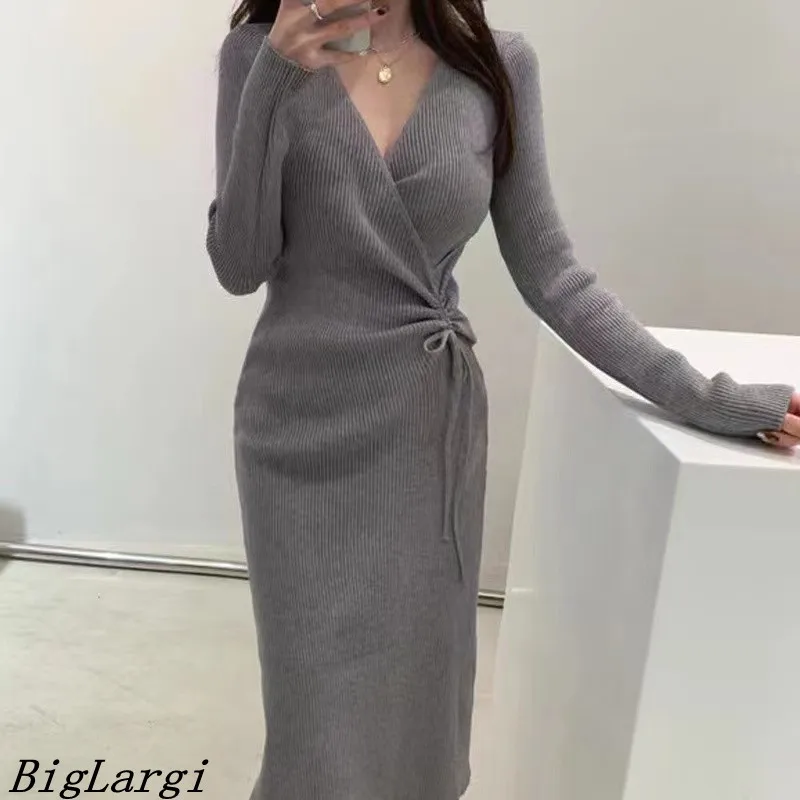 

2023 Sexy V-neck Bodycon Knitted Dress Women Pleated Korean Cotton Dress Office Chic Elegant Ladies Dresses Casual Vestidos