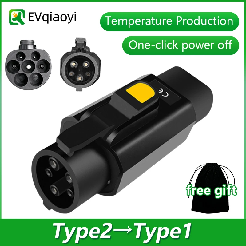 EVqiaoyi Type2 to Type1 EV Adapter 32A 7kW IEC62196 Pile to J1772 Port Converter with Temperature Control for Safe Charging